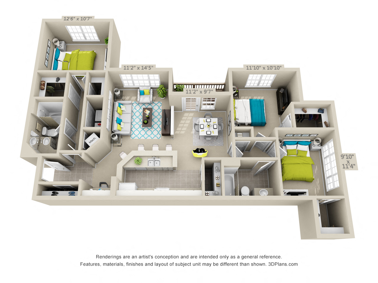 Floor plan for 3 beds, 2 baths, 1412 sqft